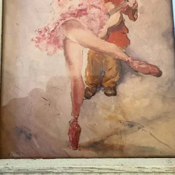 Vintage Ballerina and Clown Framed Art Print, Shabby Chic Wood Frame - Picture 2 of 6